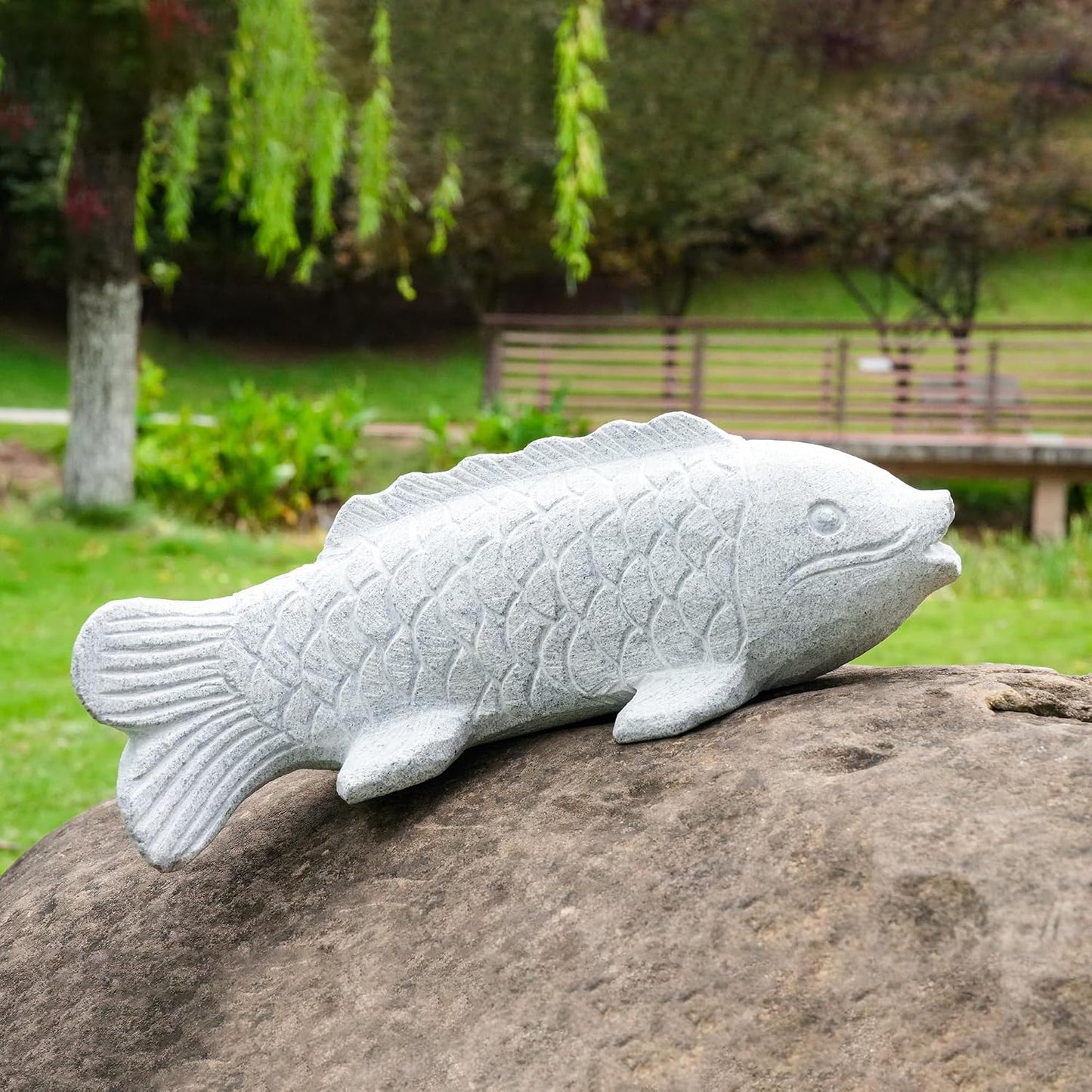 Hand Carved Fish Garden Statue, Animal Statue Outdoor Decor for Landscape
