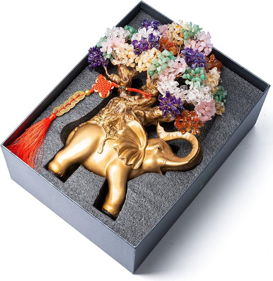 Crystal Money Tree on Gold Elephant Statue - Home Decor Item